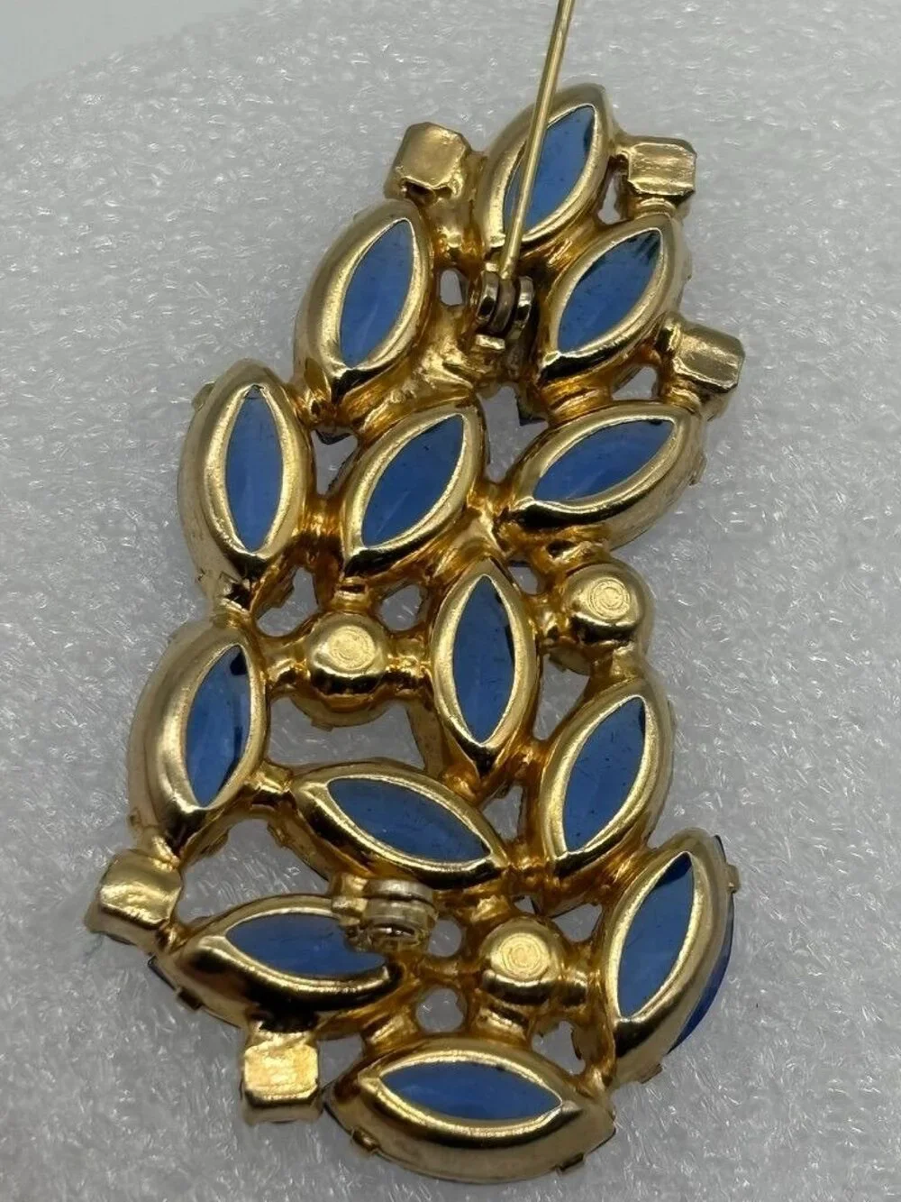 Vintage Blue Navette and Clear Prong-Set Rhinestone Brooch Open Back, Not Signed